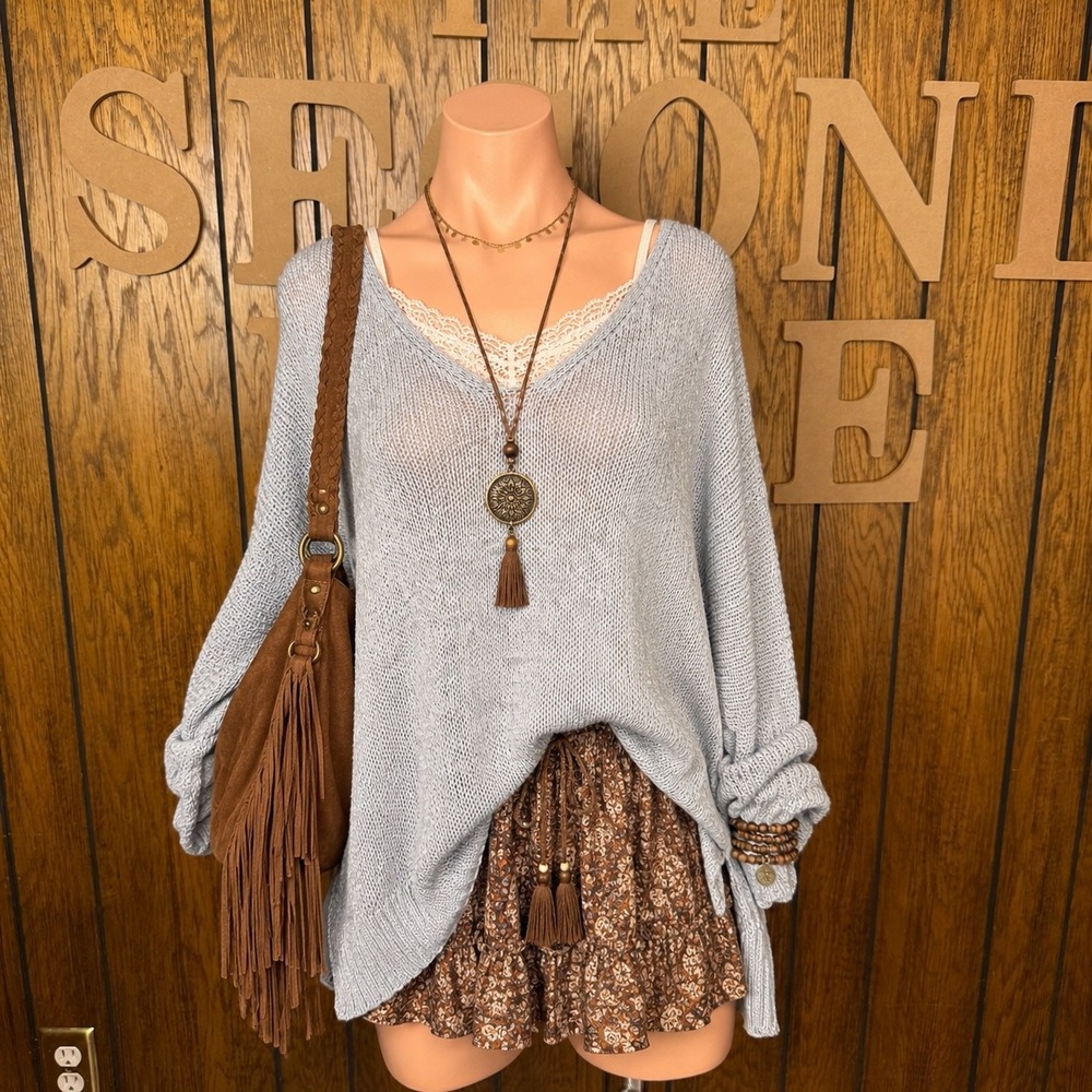 Blue Oversized Sweater Mud Pie Women OS V-Neck Boho Minimalist Coastal Knit